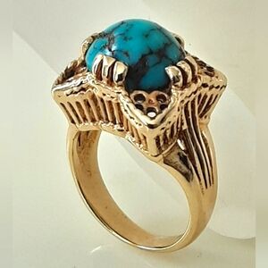 14Kt YG Blue Persian Spiderweb Cabochon Turquoise Mid 20th Century Ring Sz 6
